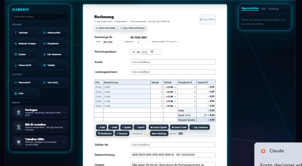 FormularWerkstatt: Startansicht mit Elementen und Vorlagen